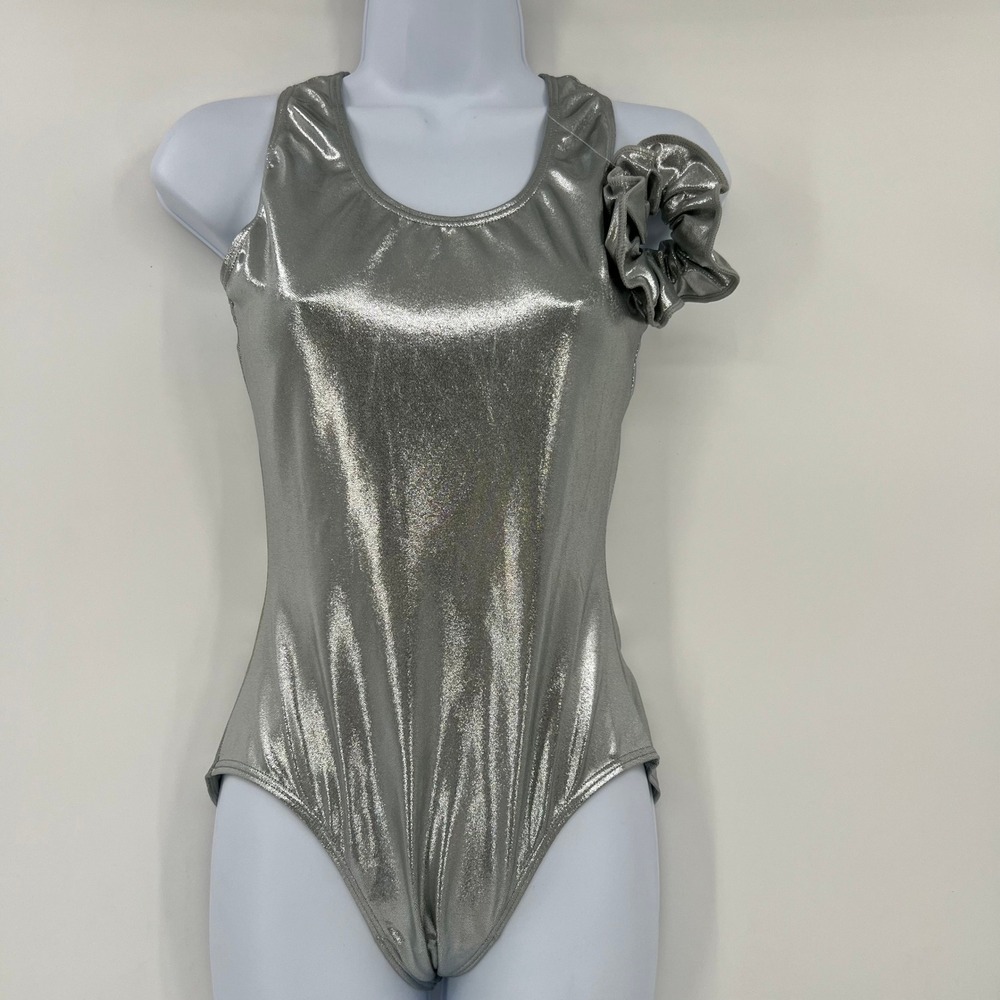 Balera Metallic Silver Ruffle Shoulder Dance Leotard ML3039 Womens Medium MA